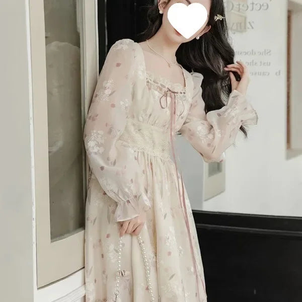 Autumn Winter Women's Long Sleeve Square Collar Chiffon Floral Print Slimming Dress Midi Length Empire Waistline Fashionable