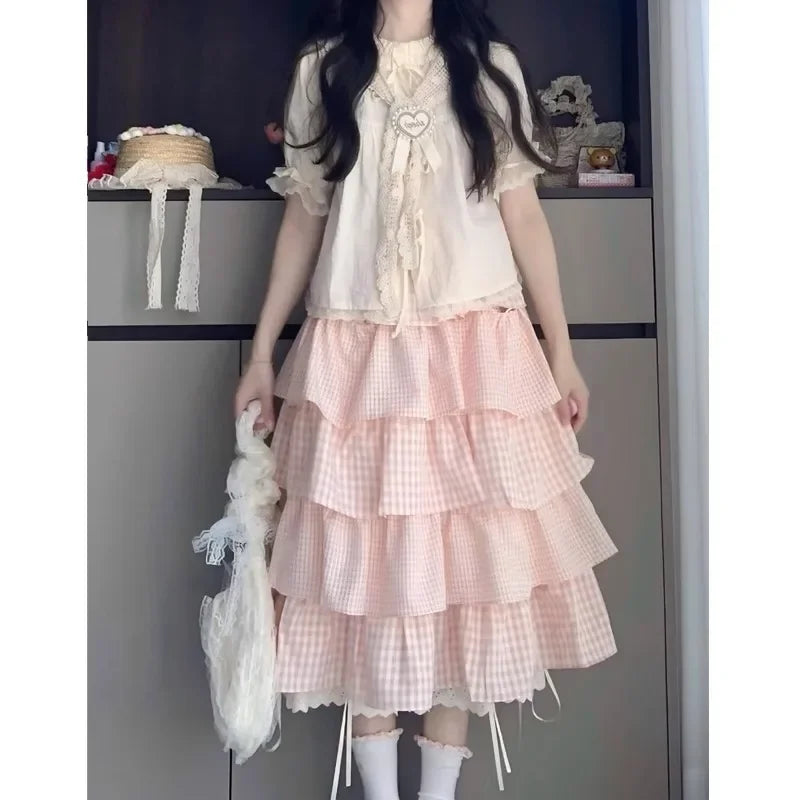 Cute Sweet Sister Classic Parisian Outfit Women's Plaid Ribbon Tied Shirt And Knee-Length Cake Skirt Two-Piece Set