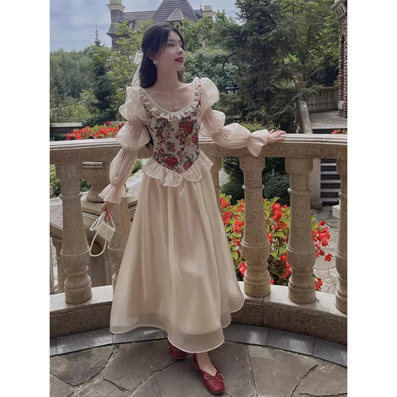 The Trianon Fairy Midi | Vintage Floral Puff Sleeve Prom Dress | Elegant Luxury Print Summer Gown | Parisian Princess