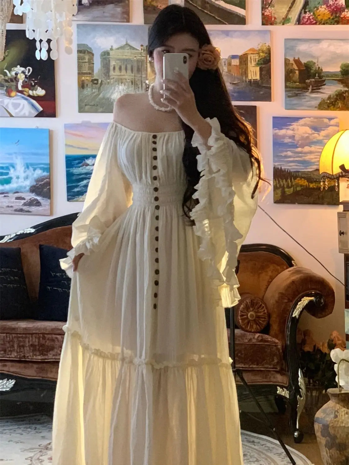 Coalfell Spring and Summer Vacation Style Solid Color Apricot White Cotton Linen Big Dress Temperament Long Dress