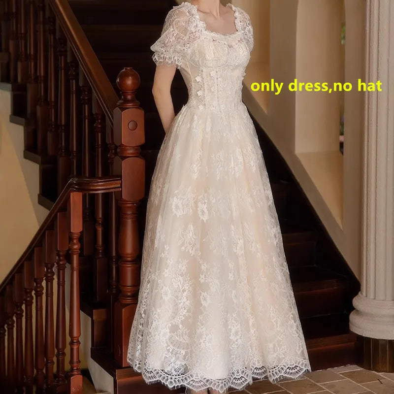 The Fresh Air Fairy Maxi | Summer Vintage Embroidered Lace Gown | Square Collar Empire Waist Puff Sleeve Gown | Parisian Princess