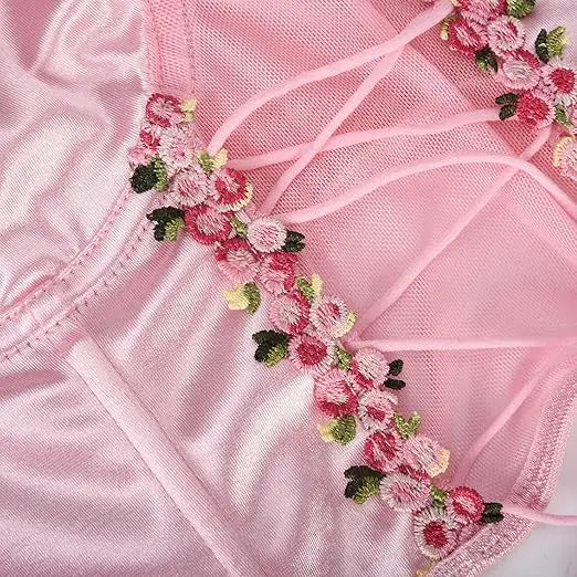 The Rosé Promenade Bustier | Floral Trim Fishbone Corset | Lace-Up Pink Satin Crop Top | Parisian Princess