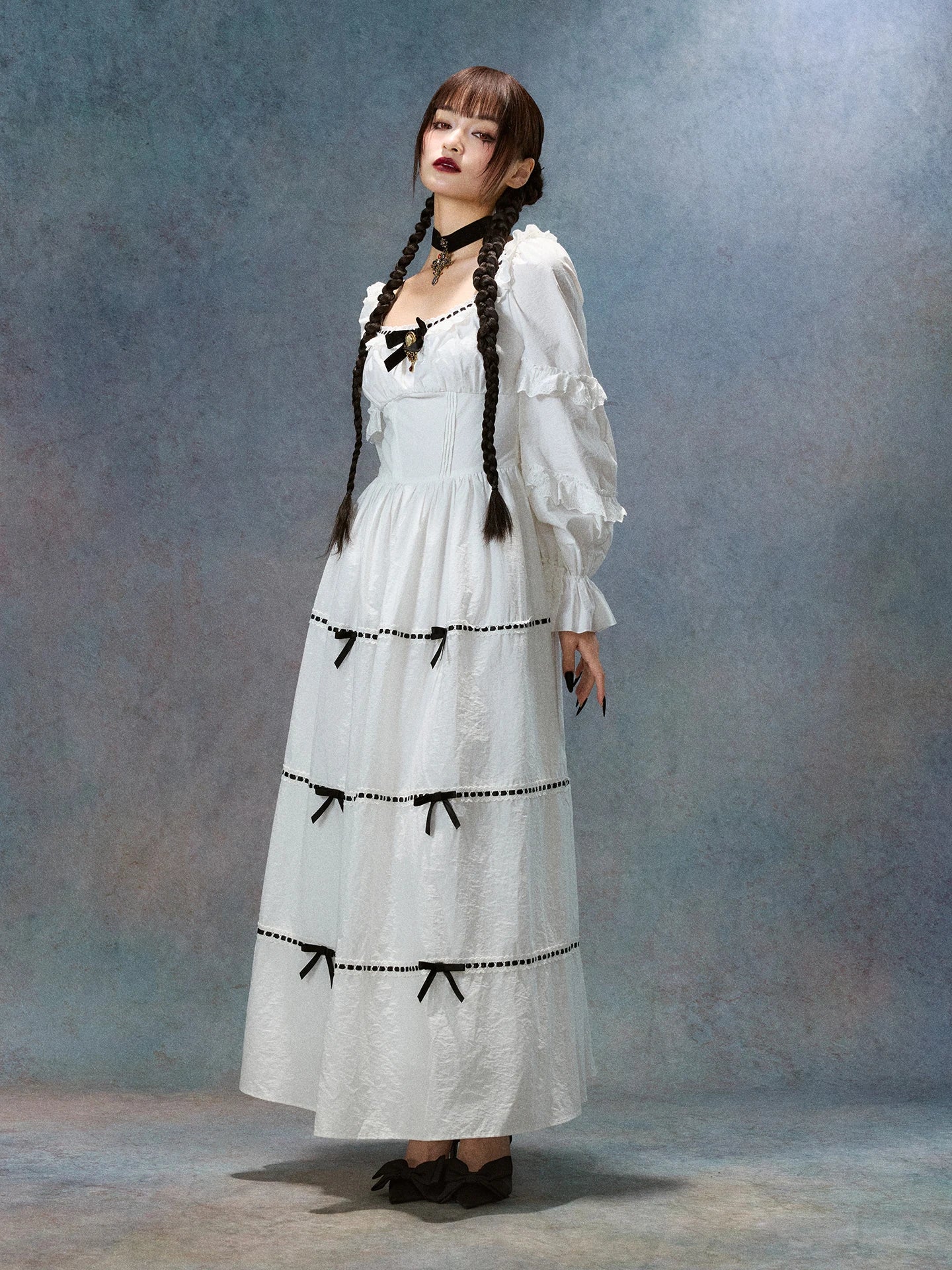 Gothica Parisian Fall White Maxi Dress Women Vintage Elegant Slim Lace Collar Long Sleeve French Halloween Dress