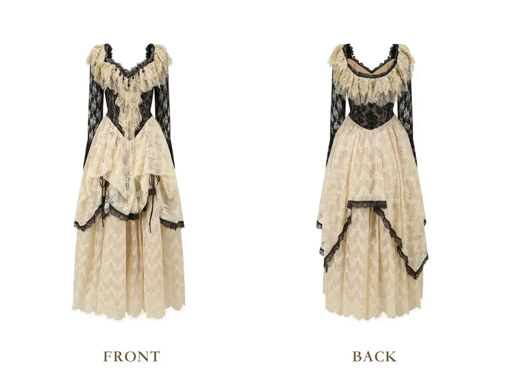 Parisian Lace Maxi Dresses Women Vintage Elegant Slim Luxury Lace Fishbone Dress Birthday Party Evening Dresses