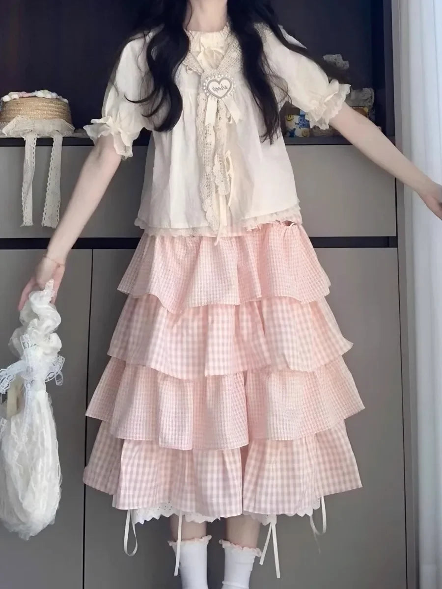 Cute Sweet Sister Classic Parisian Outfit Women's Plaid Ribbon Tied Shirt And Knee-Length Cake Skirt Two-Piece Set