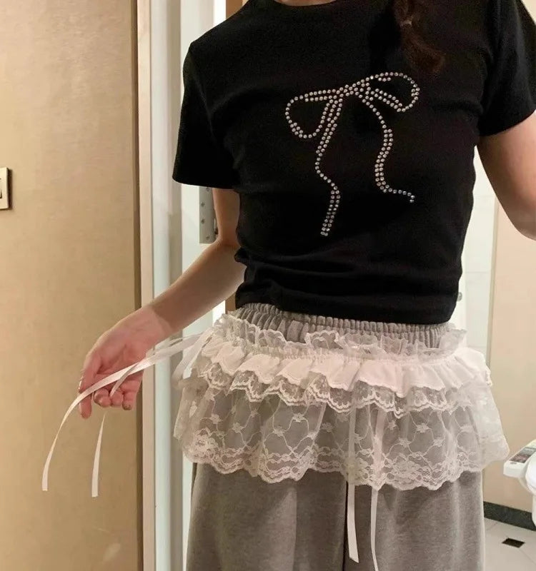 Lace-up Lace Side Half-body Skirt Short Sash Curtain Apron Girls Sweet Jeans Casual Pants Accessories Skirt