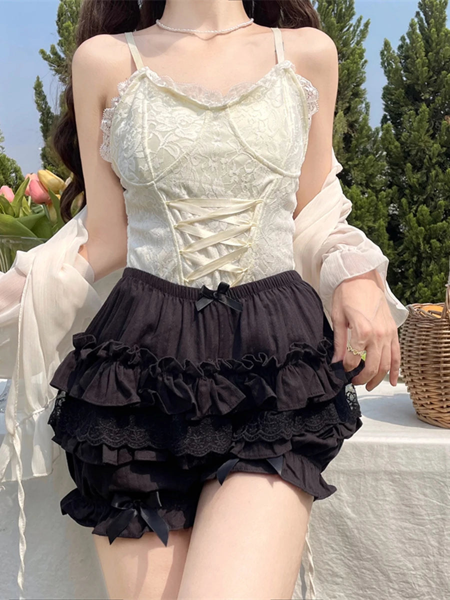 Women s Fashion Bloomers Shorts Lace Layered Ruffle Bowknot Elastic Waist Short Pants Summer Casual Shorts