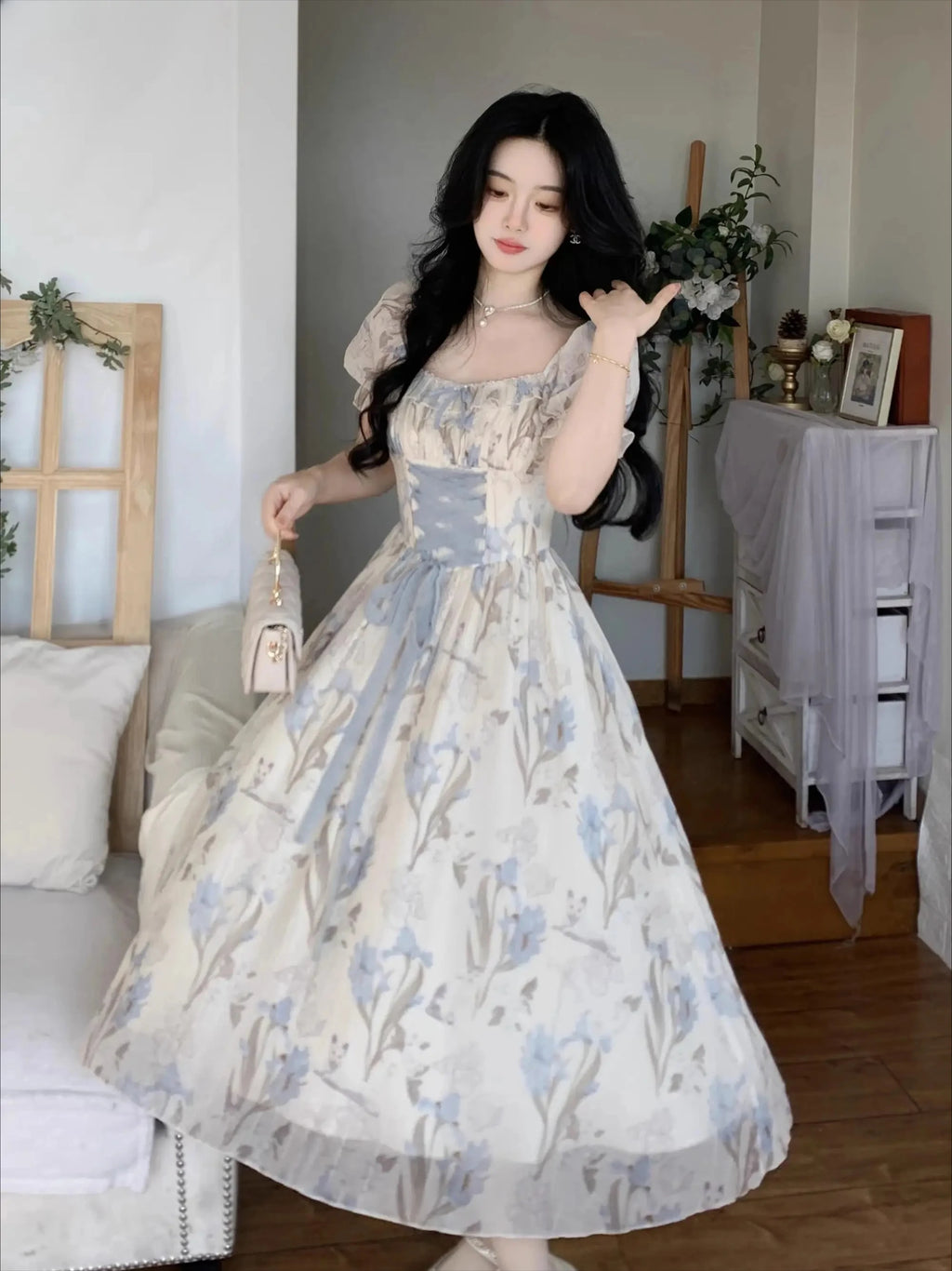 The Trianon Fairy Midi | Parisian Lace Puff Sleeve Princess Gown | Summer Fairycore A-Line Party Dress | Parisian Princess