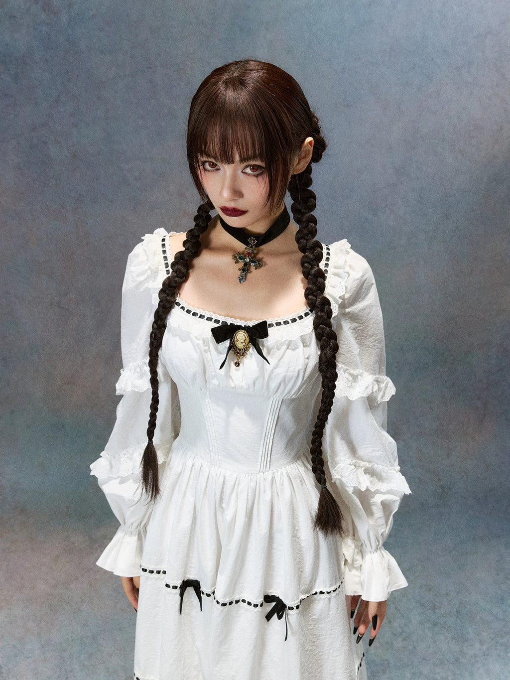 Gothica Parisian Fall White Maxi Dress Women Vintage Elegant Slim Lace Collar Long Sleeve French Halloween Dress