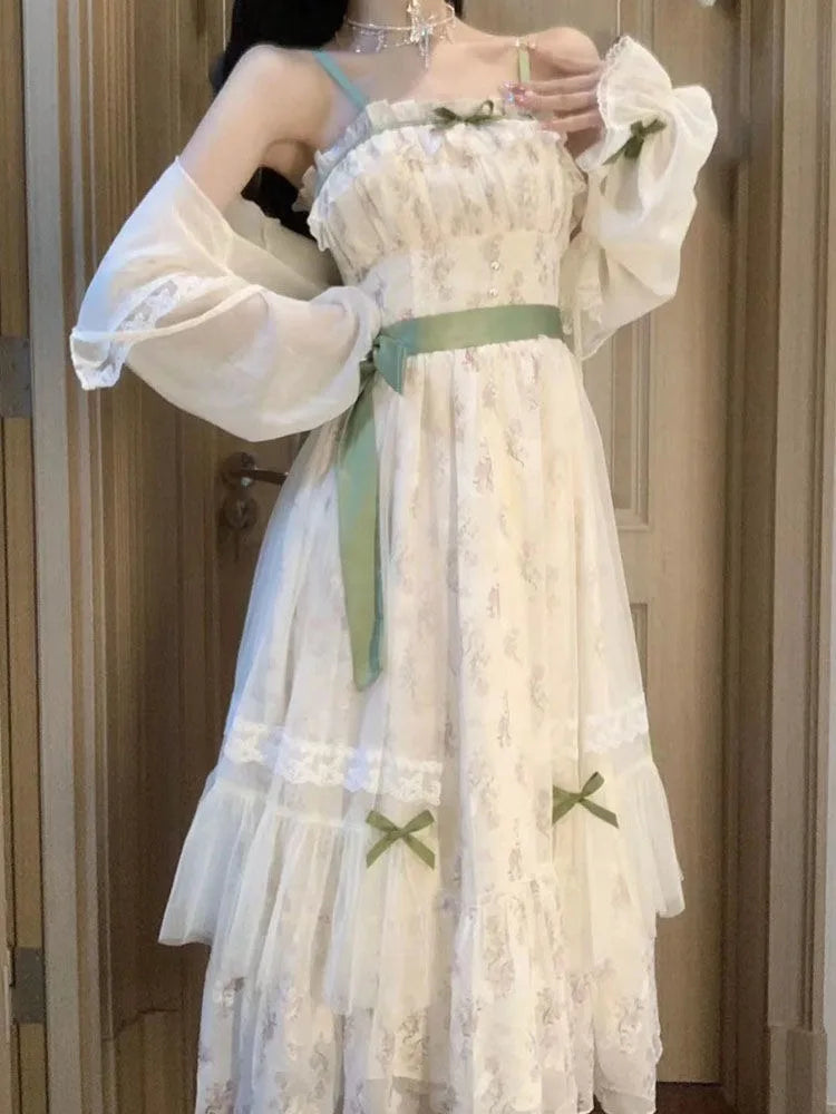 Sweet Gentle Loose Floral Camisole Dress for Women+ Y2k Long Sleeve Sun Protection Cardigan 2026 Summer New Two Piece Sets