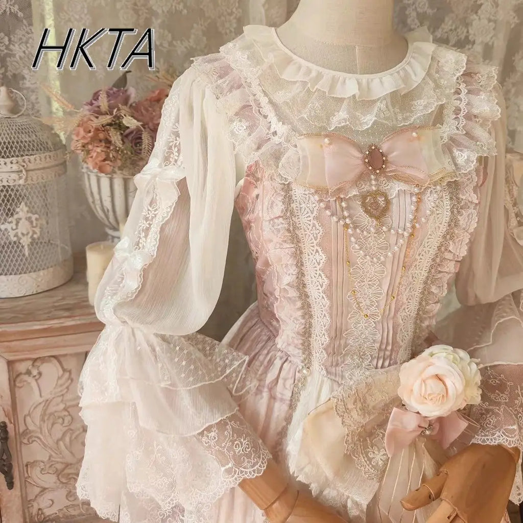 Lolita Long Sleeve Cascading Round Neck Long Sleeve Shirts Women Elegant White Blouses Lace Splicing Loose Chiffon Blusas Girl