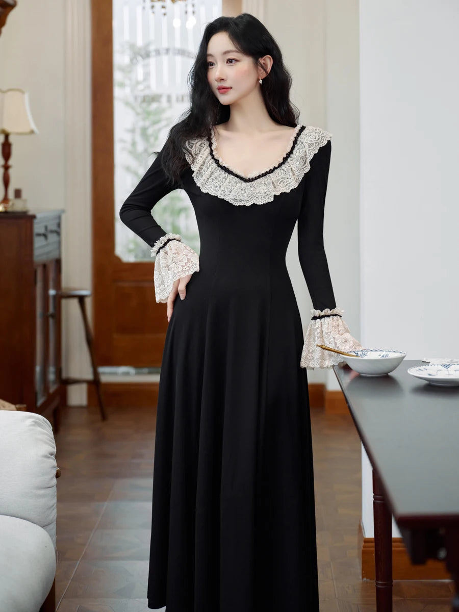 Vintage Black Knitted Basic Dress Woman Retro French Style Lace Collar Flare Sleeve Elegant Lady Long Dresses Vestido Negro