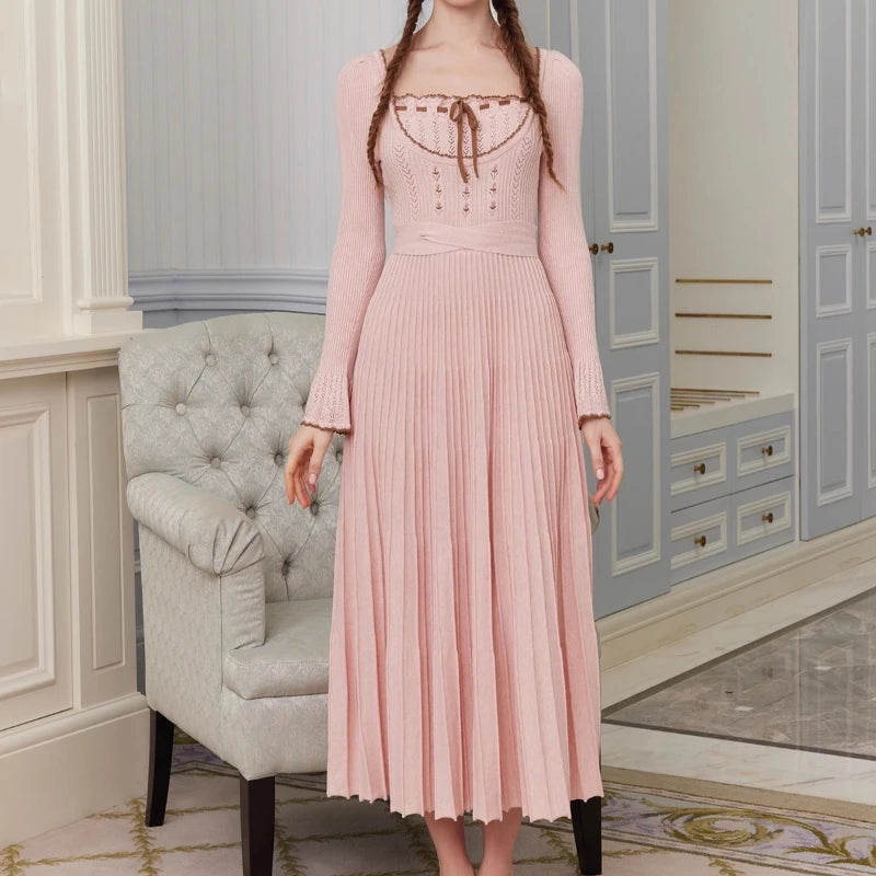 76-88cmBust FallWinter Long Pleated Dress Women Vintage ElegantSlim Embroidery Square Neck Flare Sleeve 100%Cotton Knitted Dress