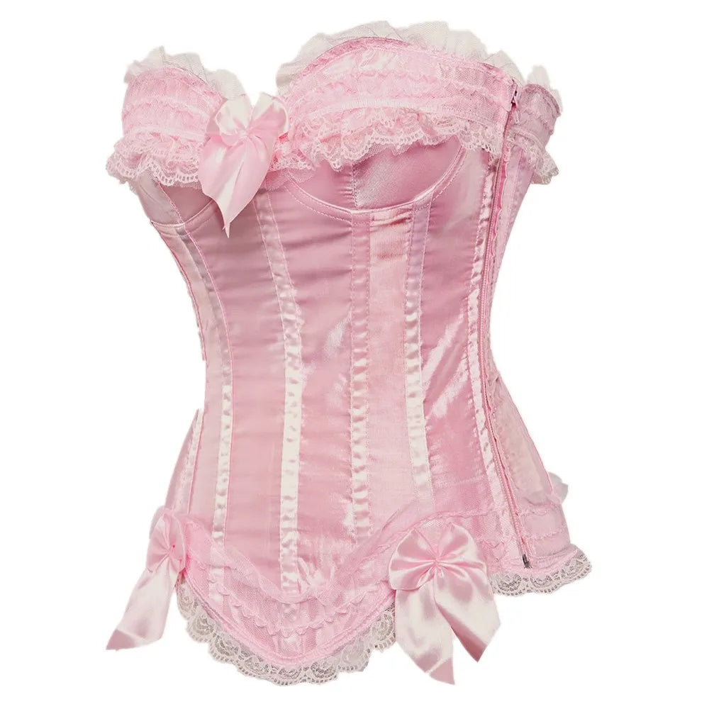 Sexy Lace Overbust Corset Top Women Vintage Satin Bow Bustier Lingerie With Zipper Plus Size Body Shaper Burlesque Corsets