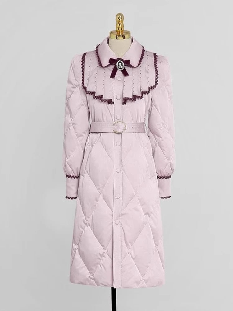 The Grand Trianon Gown Coat | Parisian Longline Bow-Waist Puffer | Elegant Doll Collar Lace-Up Down Jacket | Parisian Princess