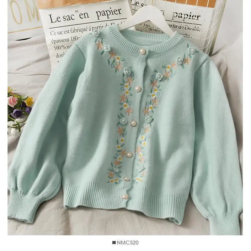 The Tuileries Garden Cardigan | Pink Handmade Floral Embroidered Sweater | Vintage Parisian Girl Knit | Parisian Princess