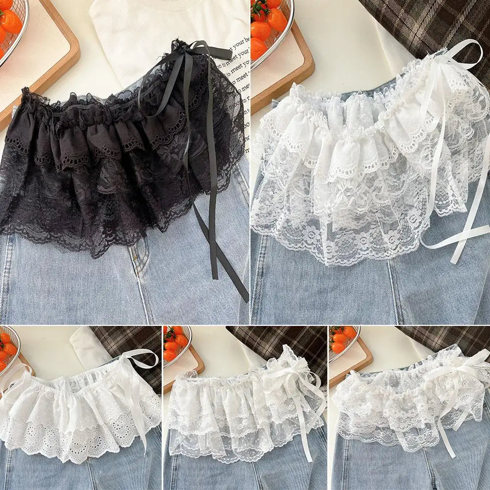 Lace Mini Skirts Women Elegant Sweet Lolita Short Skirts High Waist Ruffle Skirts Lace Trim Butt Curtain Skirt