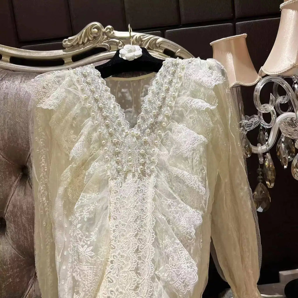 Beading Embroidery Lace Blouse | Lolita Elegant Puff Sleeve Shirt | French Chic V-Neck Spring Top | Parisian Princess