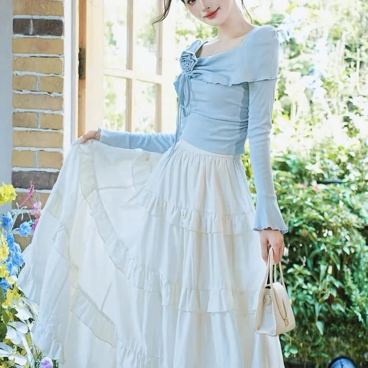 Blue 3D Flower Square Collar Long Sleeve Slim Fit Tops Women + Parisian High Waist Ruched Cake Skirts 2026 Autumn New Two Piece Sets