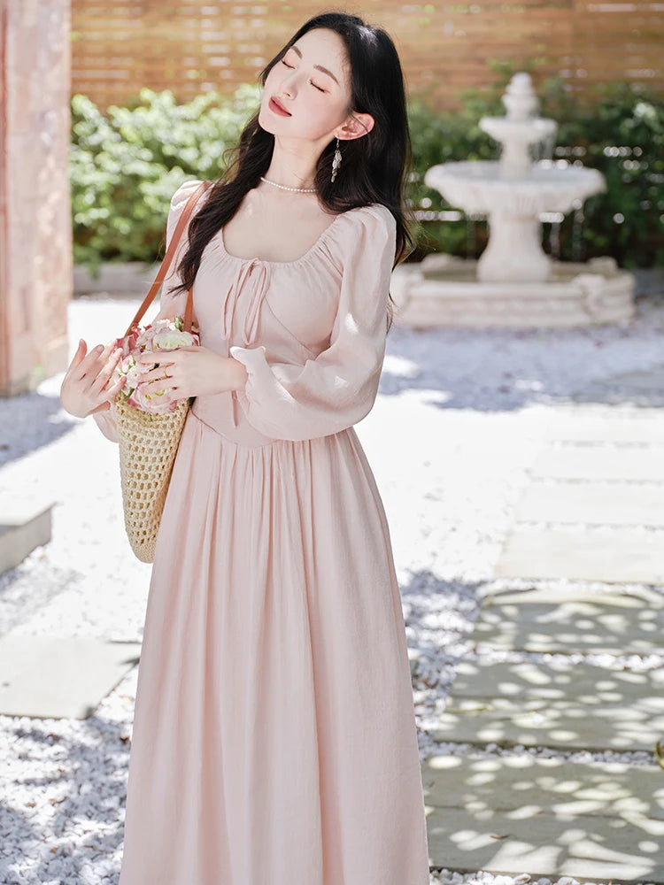 Parisian Cottagecore Vintage Romantic Pink Fairy Dress Woman Retro Victorian Style Solid Square Collar Classic Lady Dresses For Formal Occasion