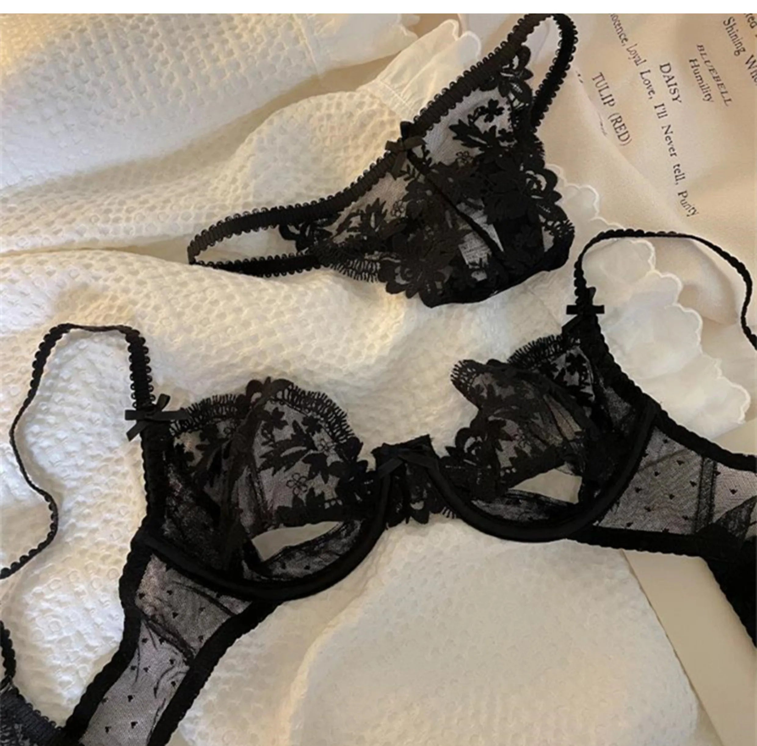 The Jardin Floral Lace Bra & Brief Set | Push-Up Underwire 3/4 Cup | Lace Lingerie | Black & White | Parisian Princess