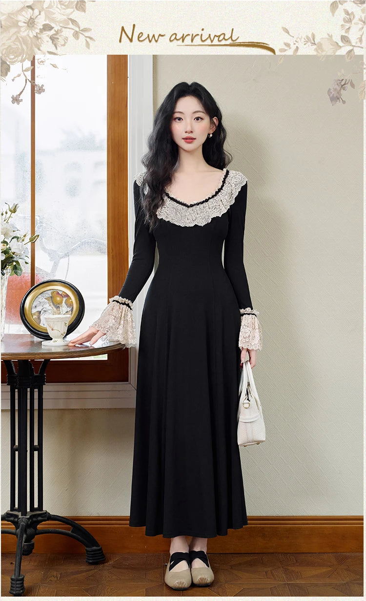 Vintage Black Knitted Basic Dress Woman Retro French Style Lace Collar Flare Sleeve Elegant Lady Long Dresses Vestido Negro