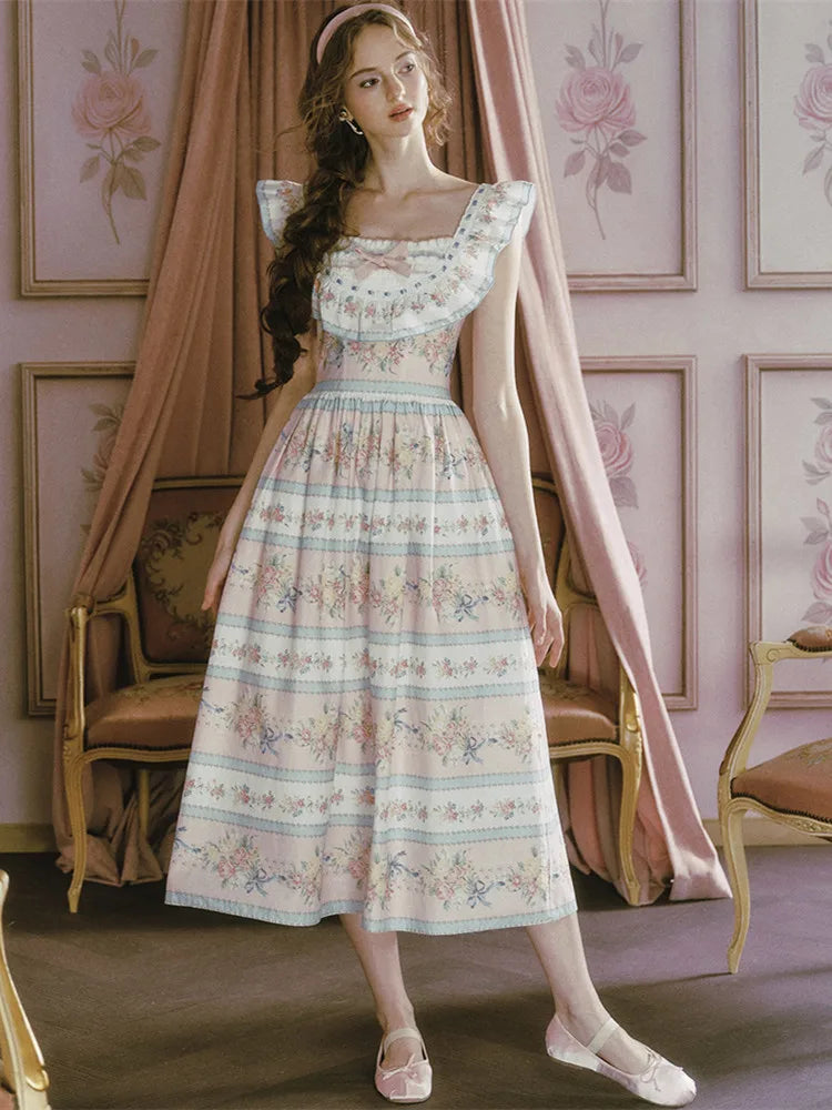 The Petit Ridinghood Dress | Summer Long Pink Floral Dress | 100% Cotton Square Collar Fit & Flare Dress | Parisian Princess