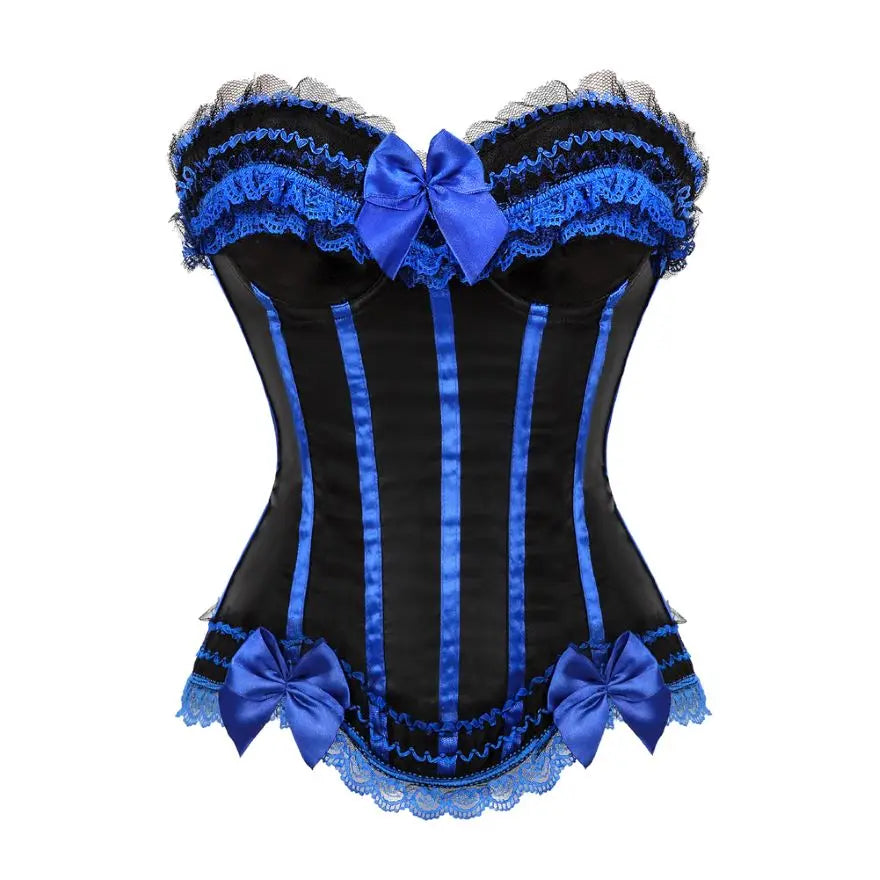 Sexy Lace Overbust Corset Top Women Vintage Satin Bow Bustier Lingerie With Zipper Plus Size Body Shaper Burlesque Corsets