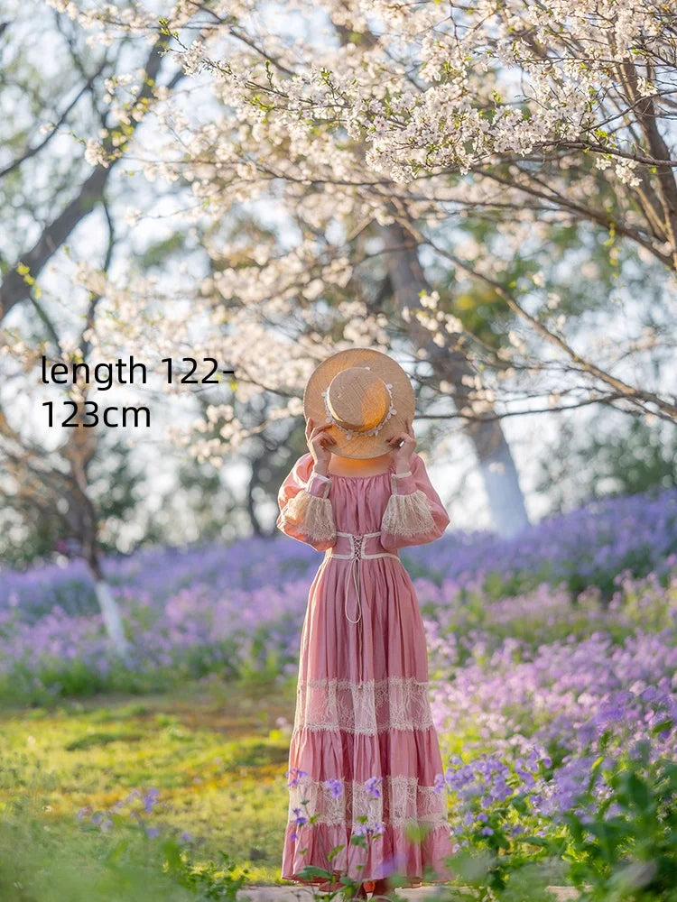 Parisian Long Maxi Women Ladies Dress Full Lantern Sleeve Pink Lace Patchwork 2025 New S-XL Spring Autumn Summer Square Collar