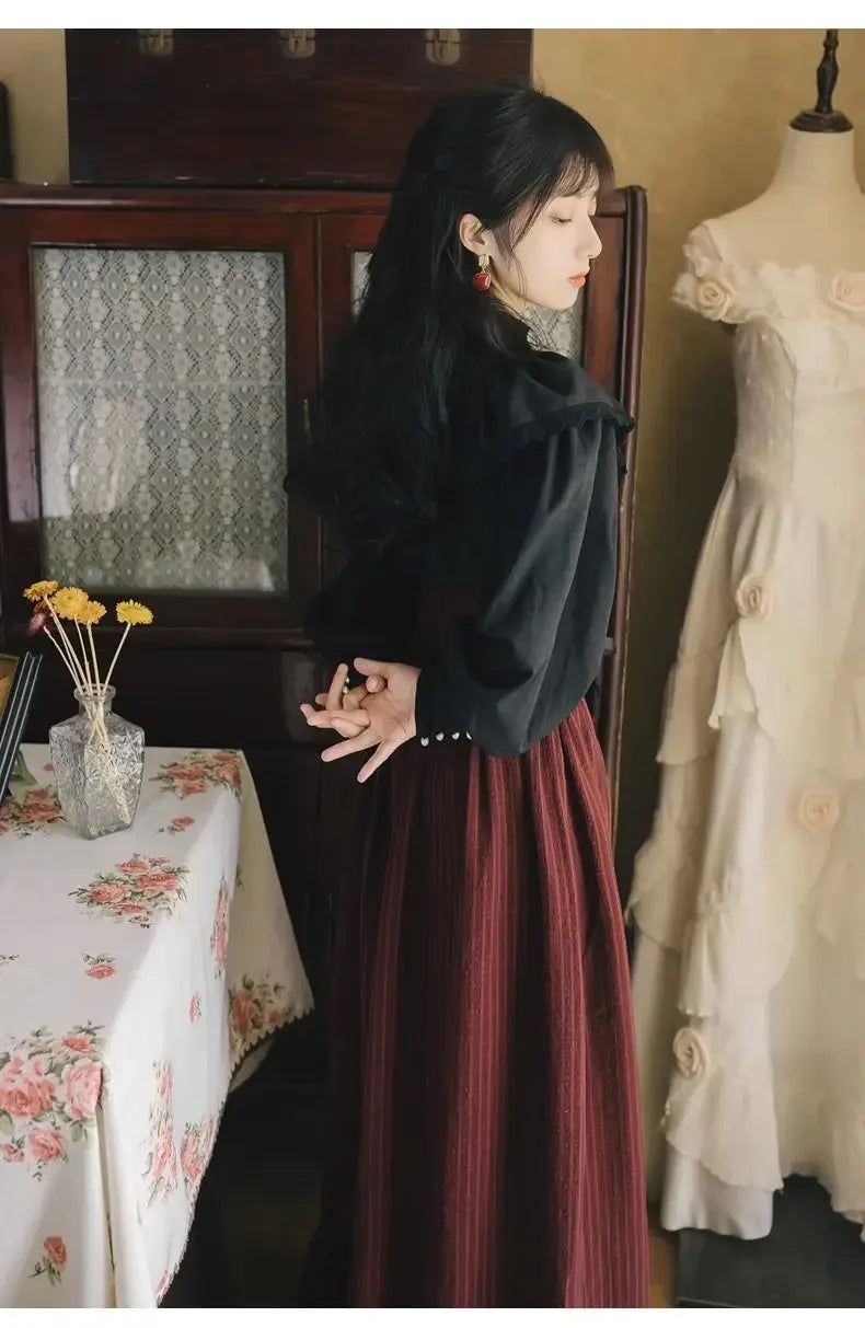 French Dark Retro Long Sleeved Lace Shirt Striped Long Skirt Two-piece Dress Set