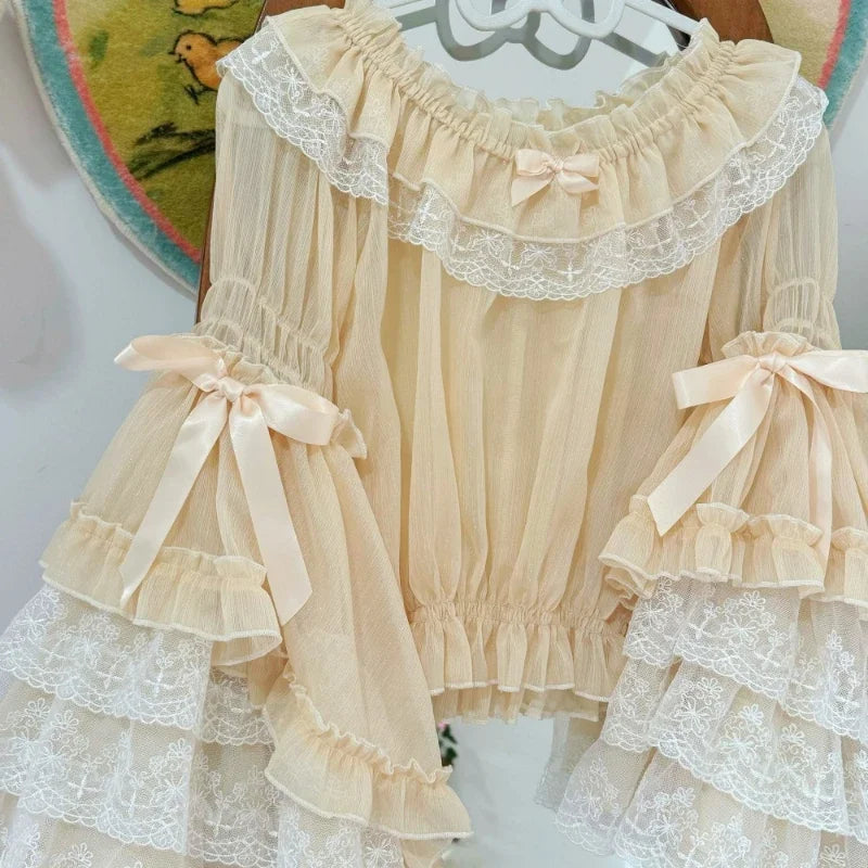 French Lolita Flare Sleeve Sweet Bow Shirt Parisian Aesthetic Slash Neck Lace Patchwork Blouse Women Loose Grunge Ruffled Blusas