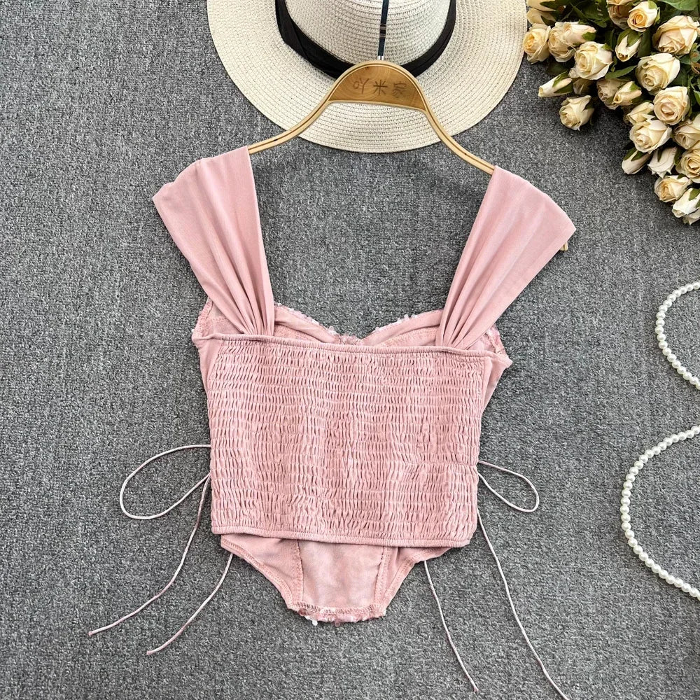 Flower Lace Tank Top Fish Bone Crop Design Inner Strap French Tube Tops Y2k Cute Pink Corset Summer Wear