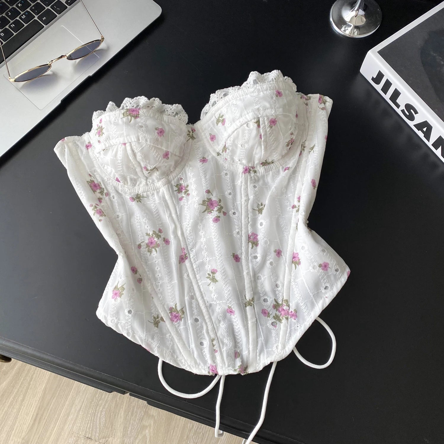 The Trianon Embroidered Corset | French Sweet Floral Lingerie Top | Hollow Out Backless Bandage Camisole | Parisian Princess