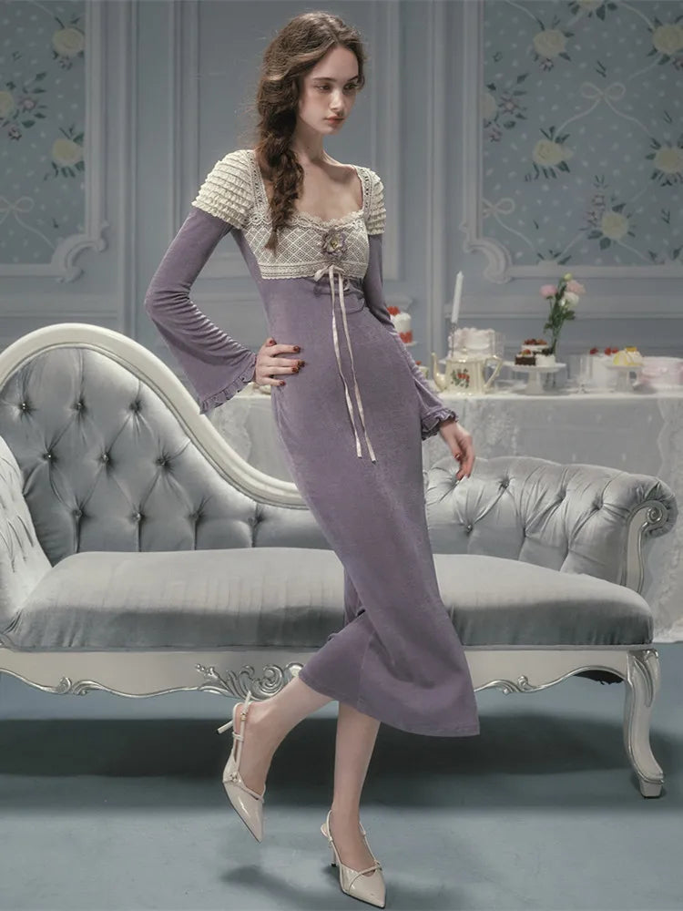 The Versailles Velvet-Knit Midi | Vintage Elegant Slim Lace Collar Gown | Imperial Purple Long Sleeve Fit & Flare | Parisian Princess