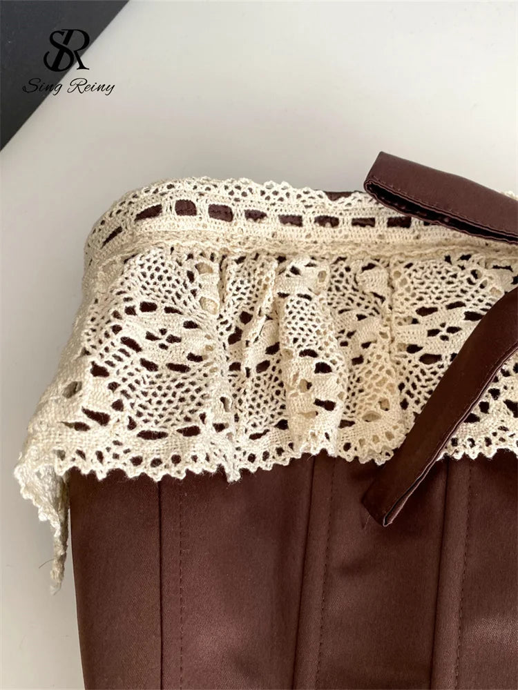 SINGREINY Sexy Vintage Strapless Tops Sleeveless Bow Lace Spliced Backless Bandage Camis 2025 Ladies Slim Sexy Streetwear Corset