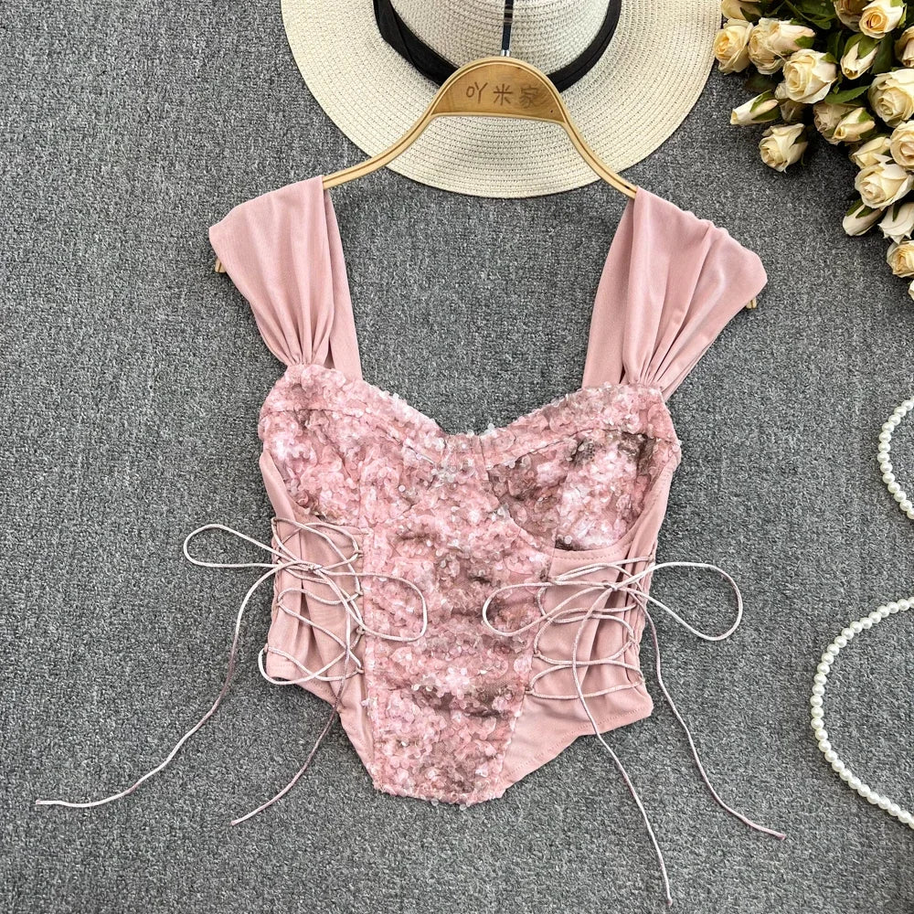 Flower Lace Tank Top Fish Bone Crop Design Inner Strap French Tube Tops Y2k Cute Pink Corset Summer Wear