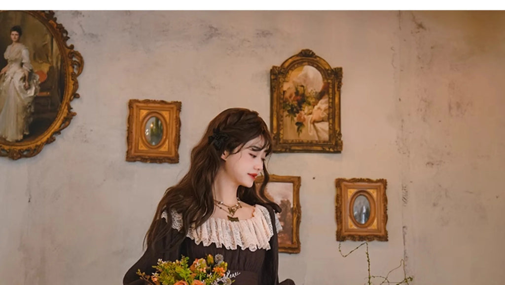 Parisian Women French Court Retro Lace Corset Puff Sleeve Jacquard Texture Dress