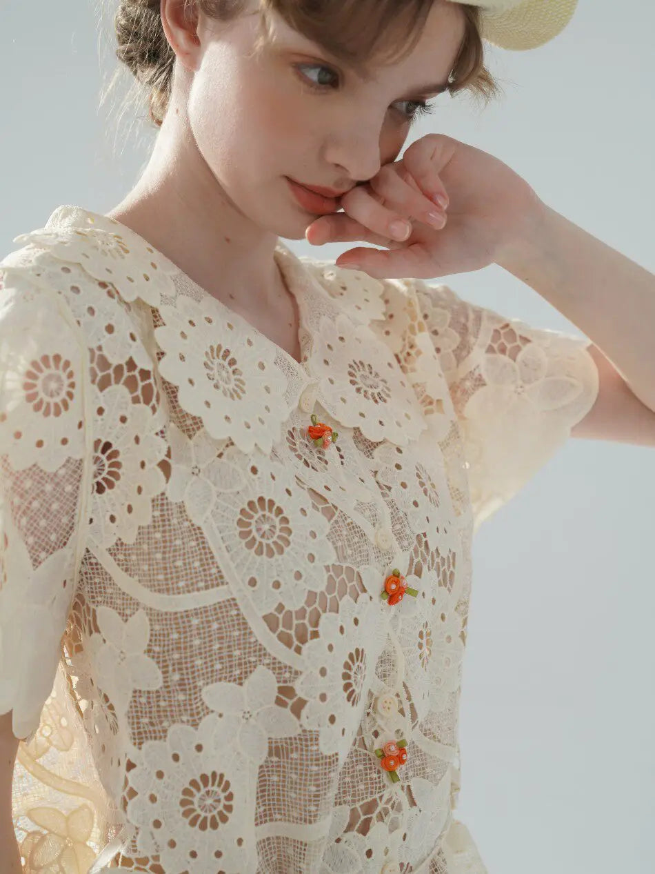 The Palais Cutwork Blouse | Summer Lace Shirt | Handmade 3D Floral All-Over Embroidered Turn-Down Collar Blouse | Parisian Princess