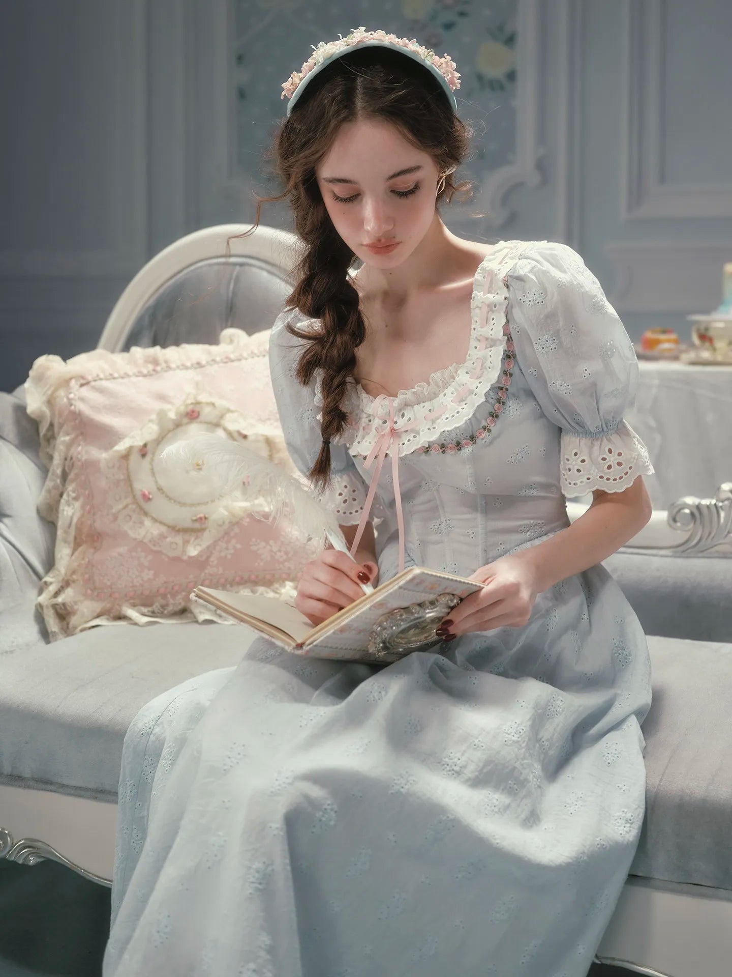 The La Croix Blue Lace Gown | Cotton Brocade Puff Sleeve Dress | Vintage Square Collar Midi | Parisian Princess
