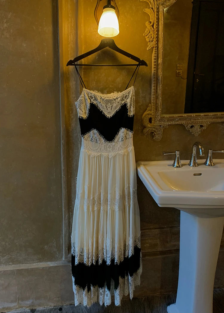 The Midnight Shore Gown | Gothica Summer Holiday Suspenders Dress | Backless Lace Patchwork Vacation Sling | Parisian Princess