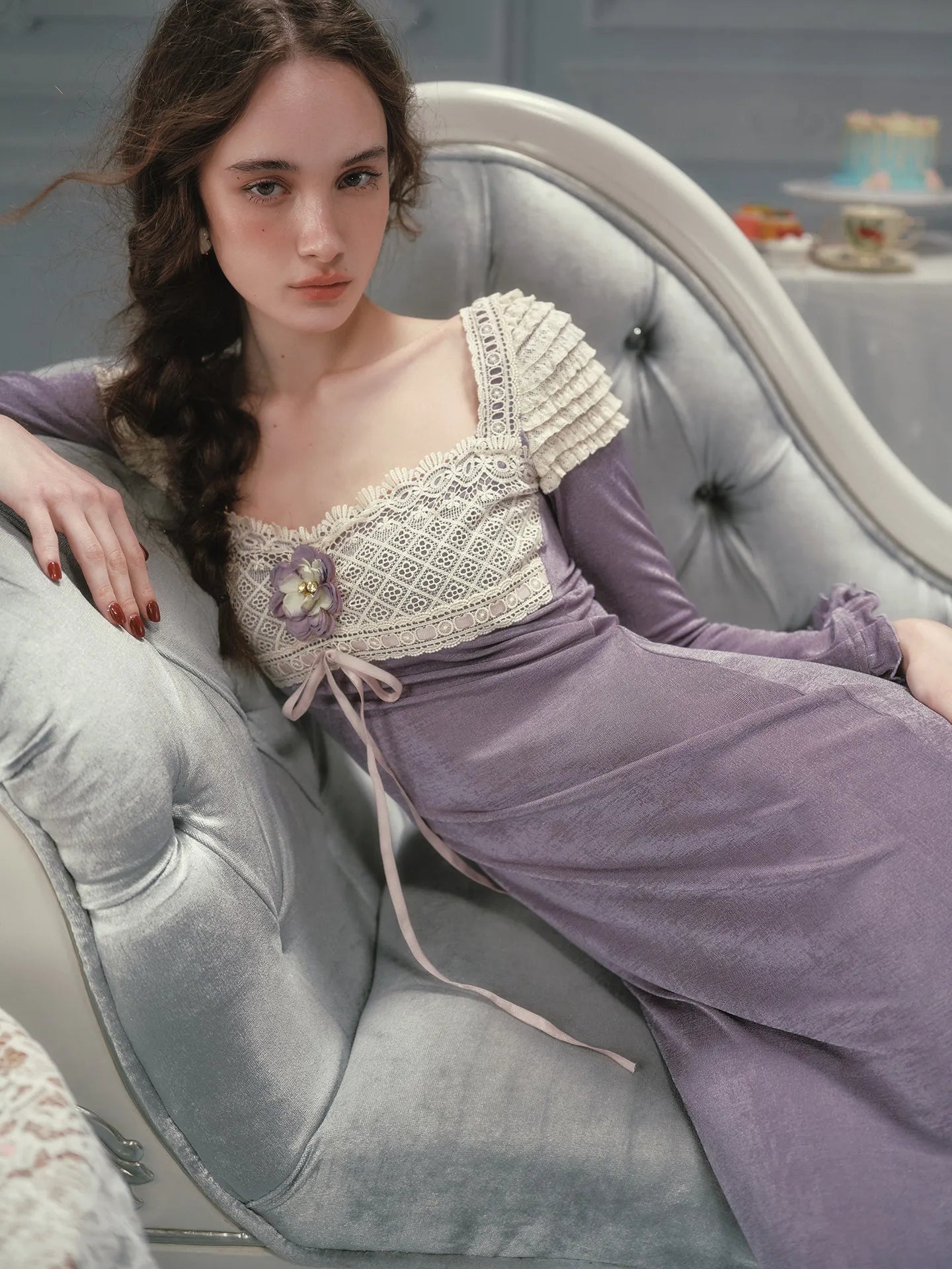 The Versailles Velvet-Knit Midi | Vintage Elegant Slim Lace Collar Gown | Imperial Purple Long Sleeve Fit & Flare | Parisian Princess