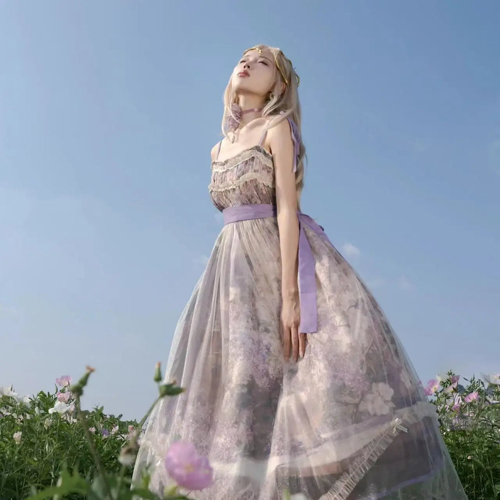 The Lavender Fields Oil Painting Bow Gown: A Parisian Masterpiece | Original Art Print Dress | Parisian Princess
