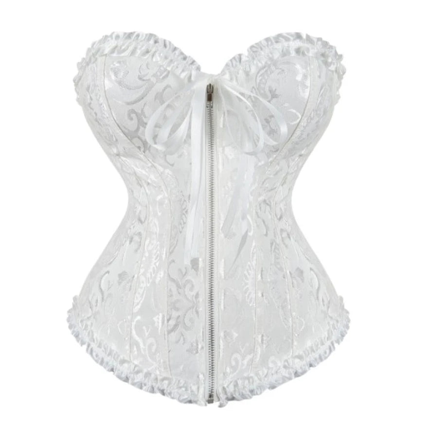 Sexy Lace Overbust Corset Top Women Vintage Satin Bow Bustier Lingerie With Zipper Plus Size Body Shaper Burlesque Corsets