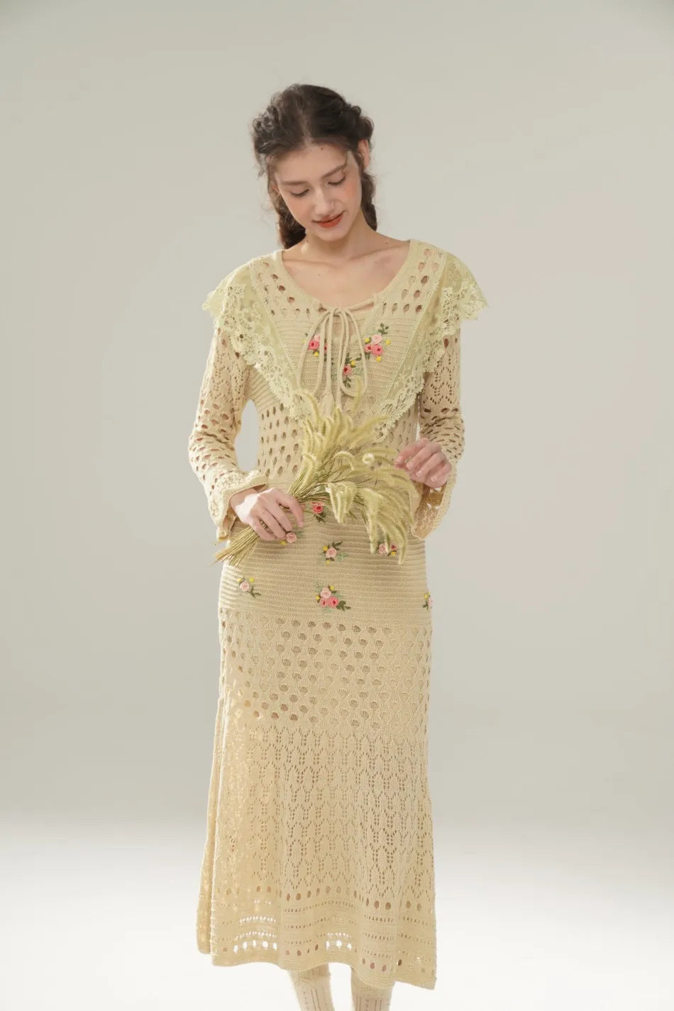 The Versailles Rose Knitted Fishtail | Hand-Embroidered Silk Blend Dress | French V-Neck Gown | Parisian Princess