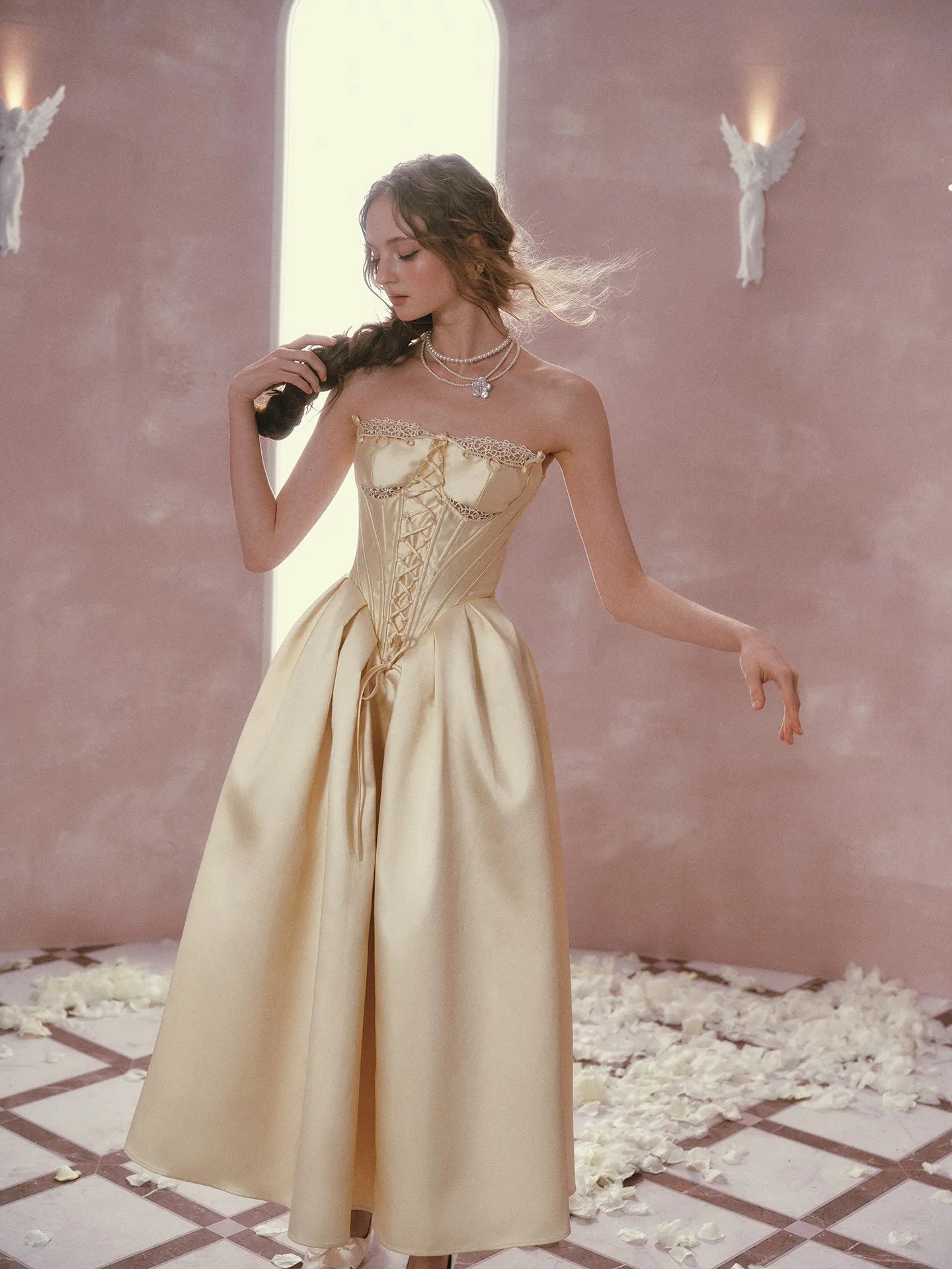 The Lemondrop Love Belle Gown | French Chic Elegant Slim Lace Corset Dress | Strapless Empire Waist Satin Maxi | Parisian Princess