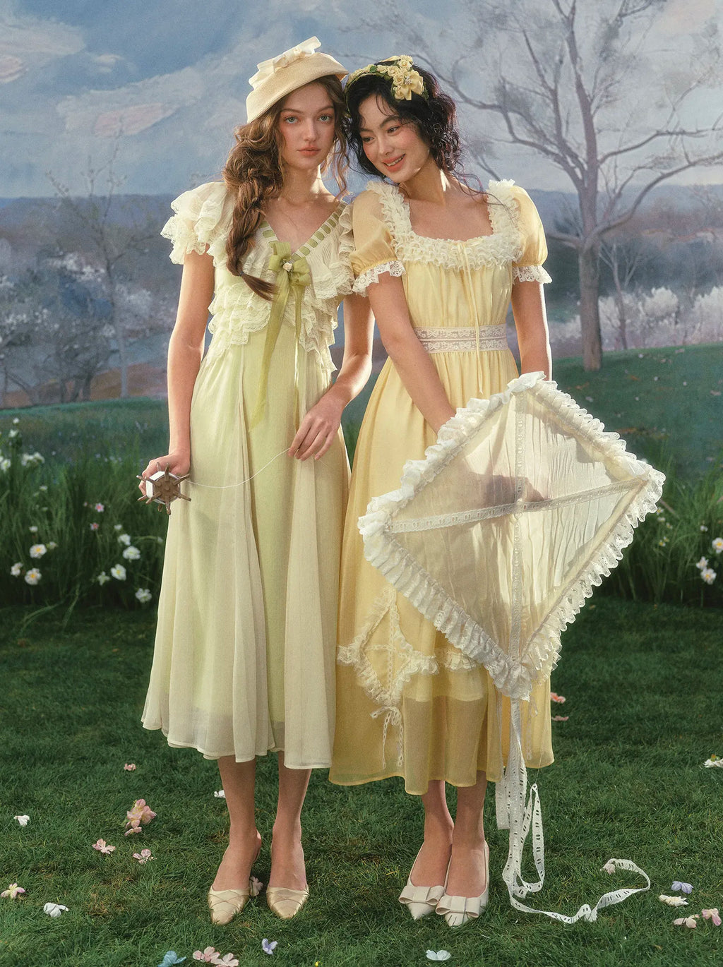 The Spring Meadow Butterfly Lace Gown | French Pastoral V-Neck Midi | Empire Waist Princess Dress | Parisian Princess