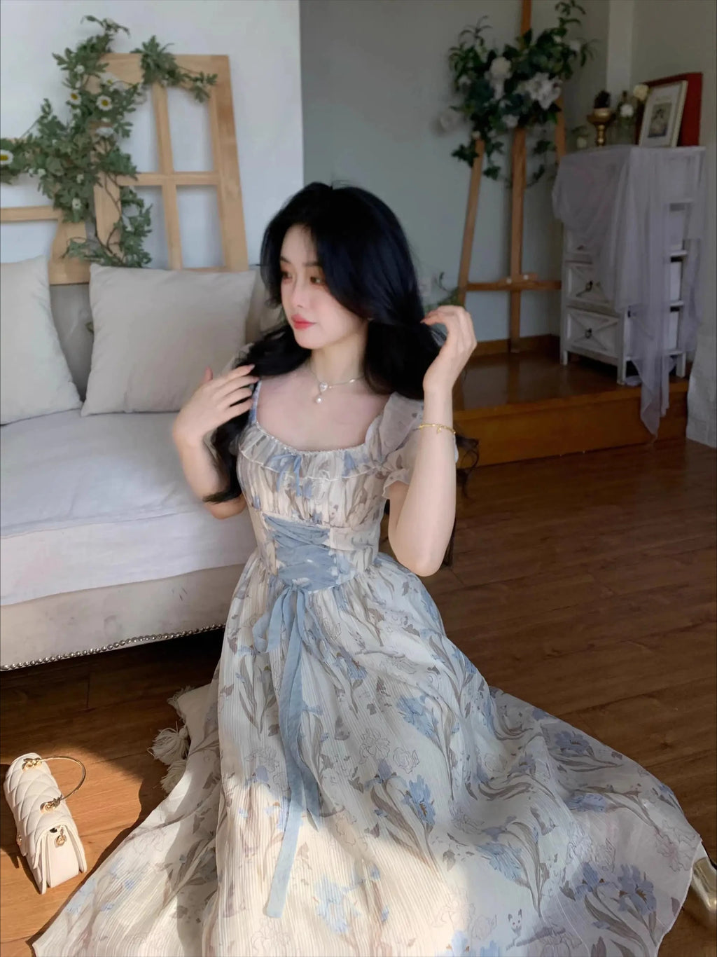 The Trianon Fairy Midi | Parisian Lace Puff Sleeve Princess Gown | Summer Fairycore A-Line Party Dress | Parisian Princess