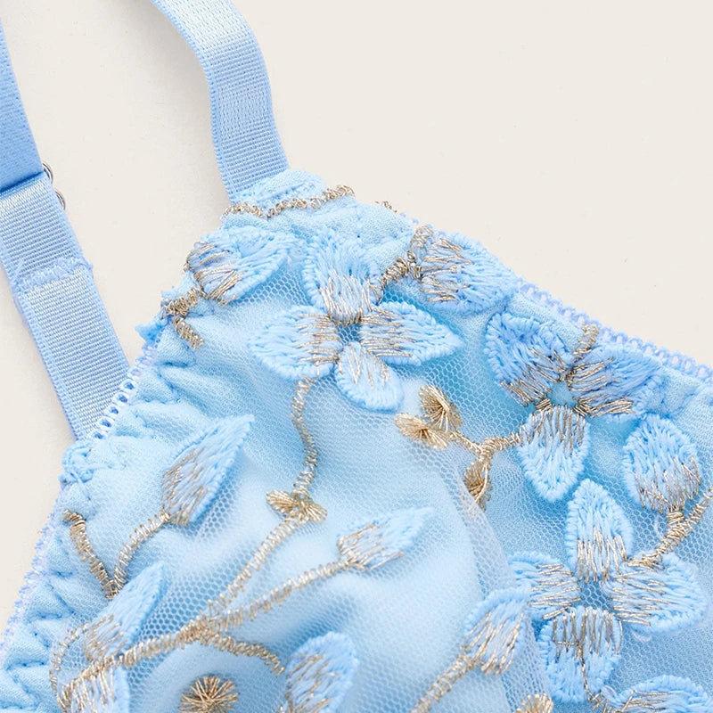 The Azure Bloom Camisole | French Floral Embroidery Ultra-Thin Corset Bra | Sexy Slim-Fit Rayon Lace Vest | Parisian Princess