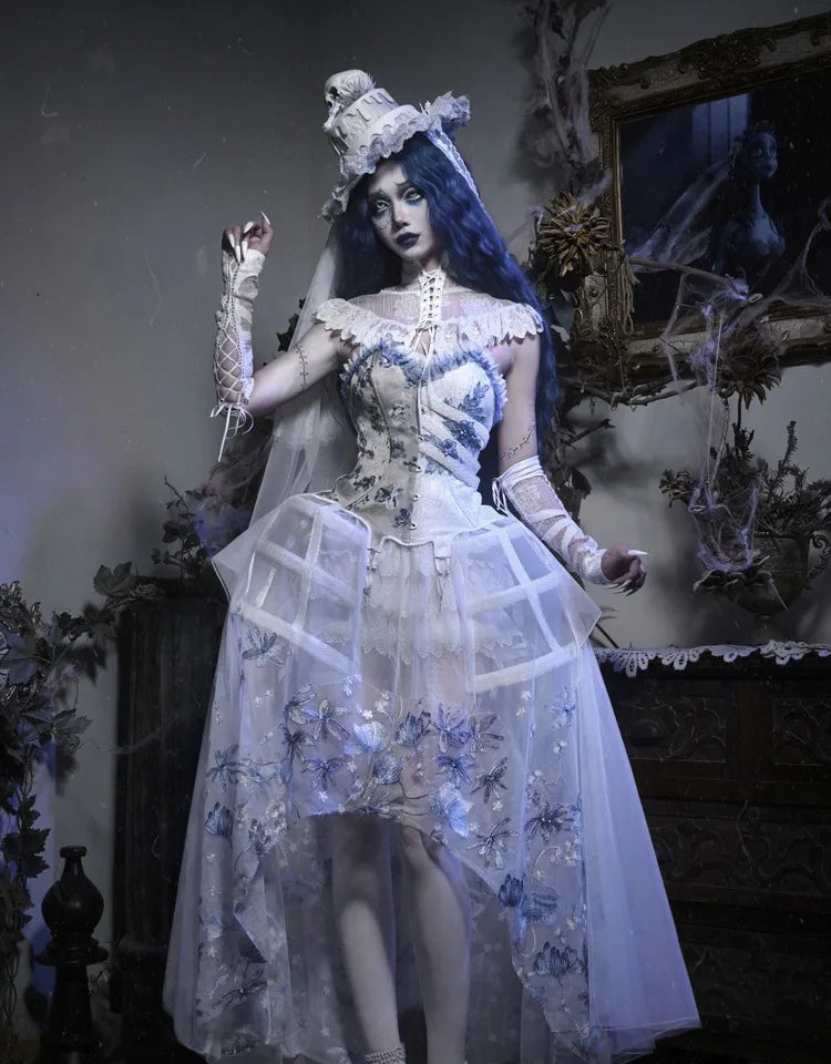 The Gothica White Gothic Dress | Zombie Bride Spine Lace Gown | Chiffon Tailed Party Dress with Cape | Parisian Princess