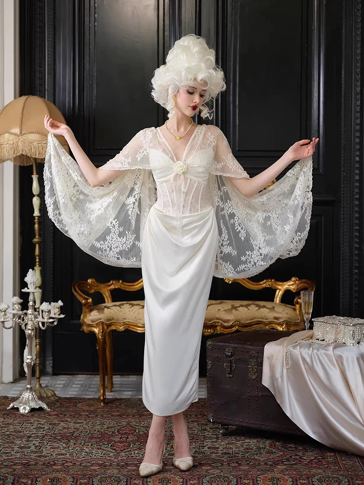 The Palais Satin Corset Gown | White Lace Hollow-Out Split Dress | Backless Coquette Party Maxi | Parisian Princess